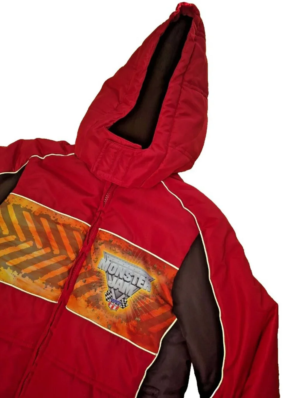 Monster Jam Kids Puffer Jacket Red Black Hooded Size M (8) – 2012 Monster Trucks